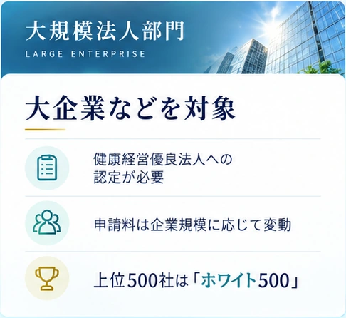 大規模法人部門：大企業などを対象。健康経営優良法人への認定が必要、申請料は企業規模に応じて変動、上位500社は「ホワイト500」